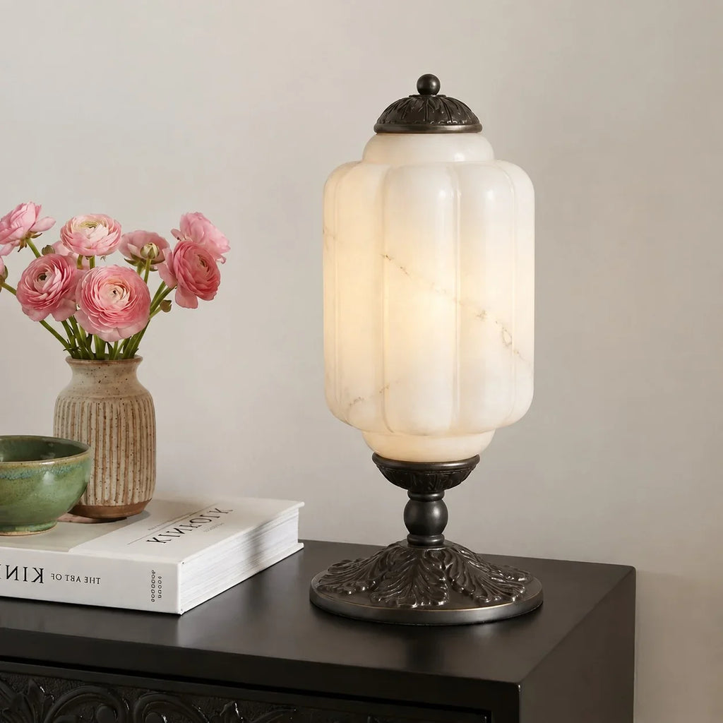 Lumi | Ribbed Glass Table Lamp, French Vintage Bedside Lamp with Brass Base, Milk Glass Desk Lamp