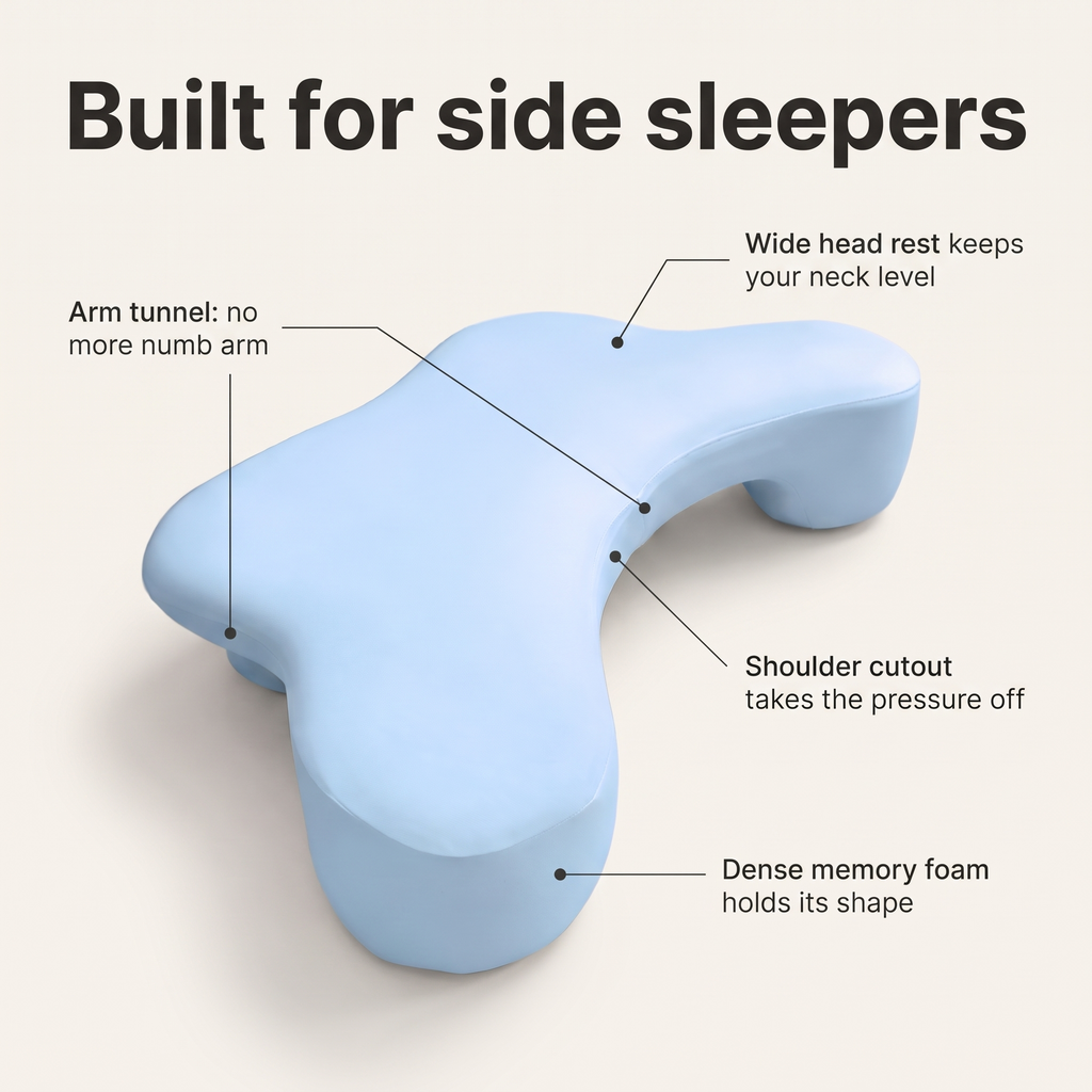 Side sleeper arm pillow features: arm tunnel, wide head rest, shoulder cutout and dense memory foam