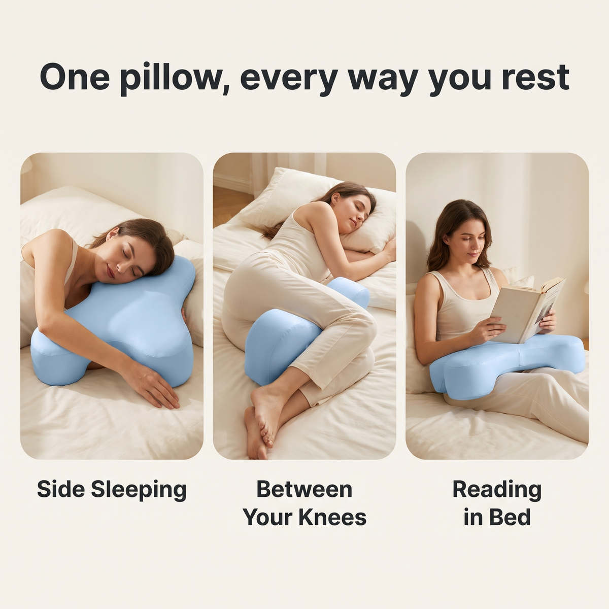 Cradle pillow used for side sleeping, between the knees and for reading in bed