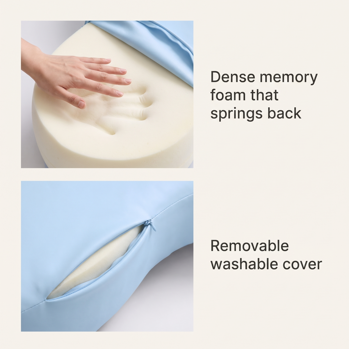 Dense memory foam core and removable washable cover of the Cradle arm pillow