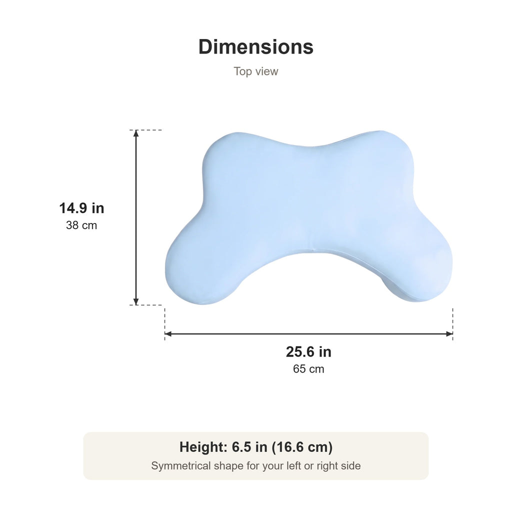 Cradle arm pillow dimensions, top view: 25.6 in long and 14.9 in deep, 6.5 in high (65 x 38 x 16.6 cm)