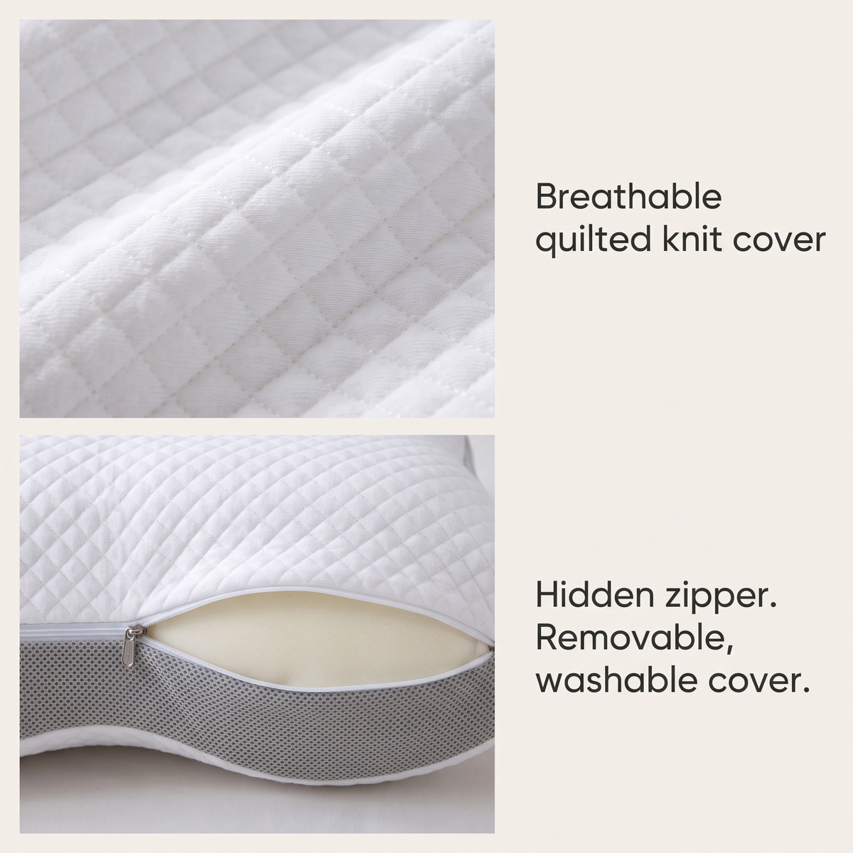 Breathable quilted knit cover and hidden zipper on the Contour memory foam pillow