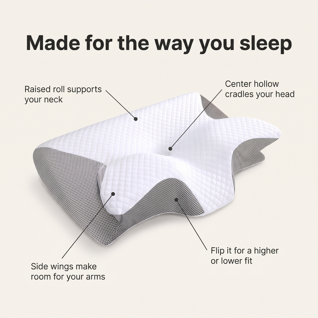 Contour cervical pillow features: raised roll supports your neck, center hollow cradles your head, side wings make room for your arms