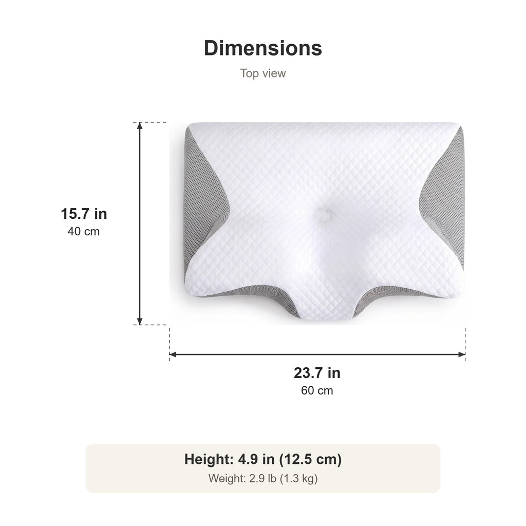 Contour pillow dimensions, top view: 23.7 in long and 15.7 in wide, 4.9 in high (60 x 40 x 12.5 cm), 2.9 lb