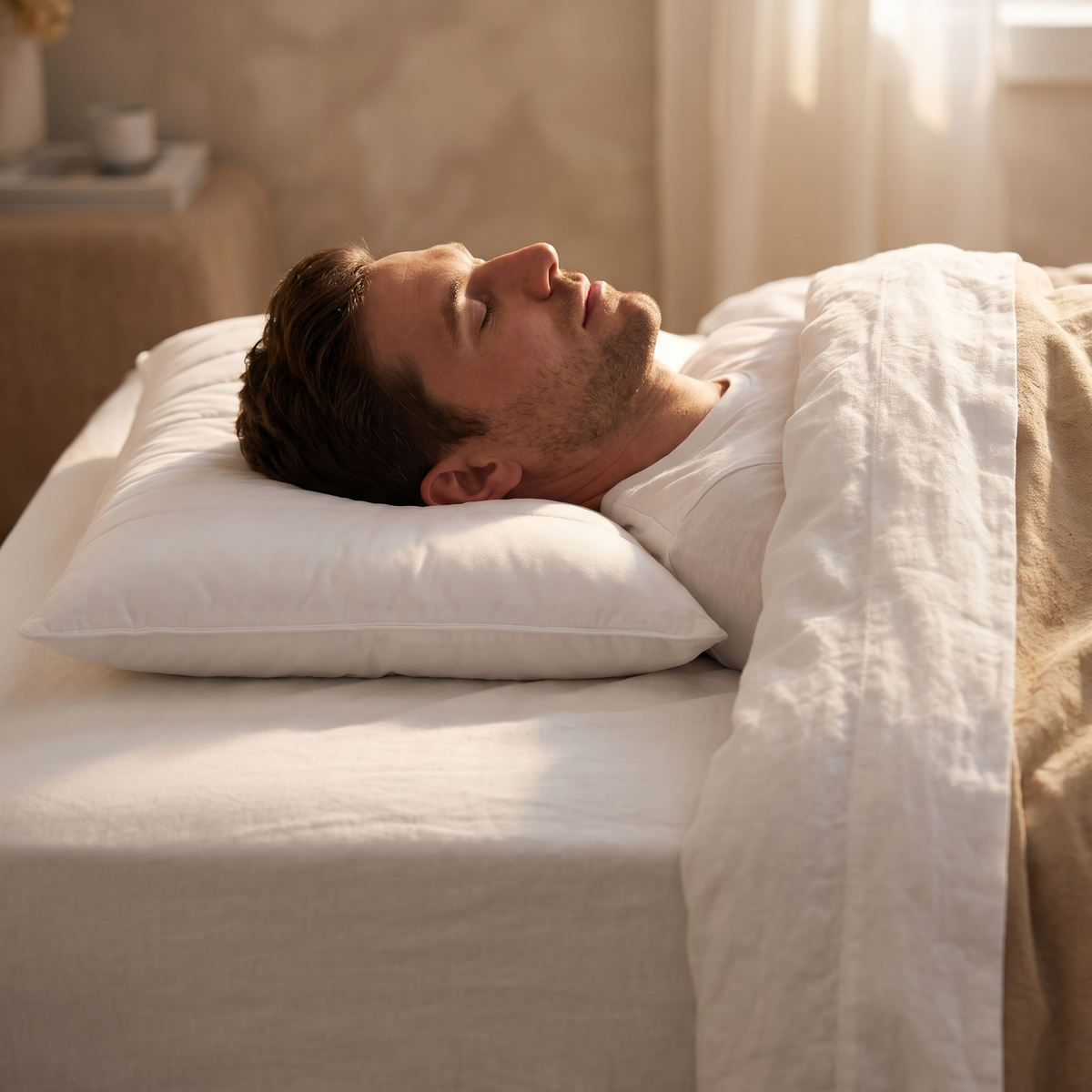 Man sleeping on his back on the Gia low loft pillow