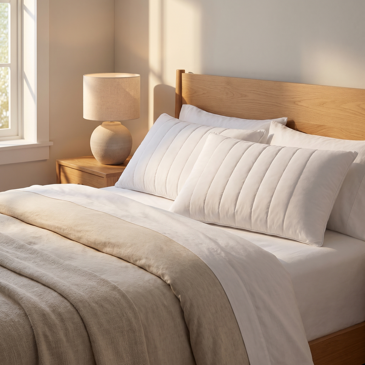 Gia thin cotton pillows on a made bed