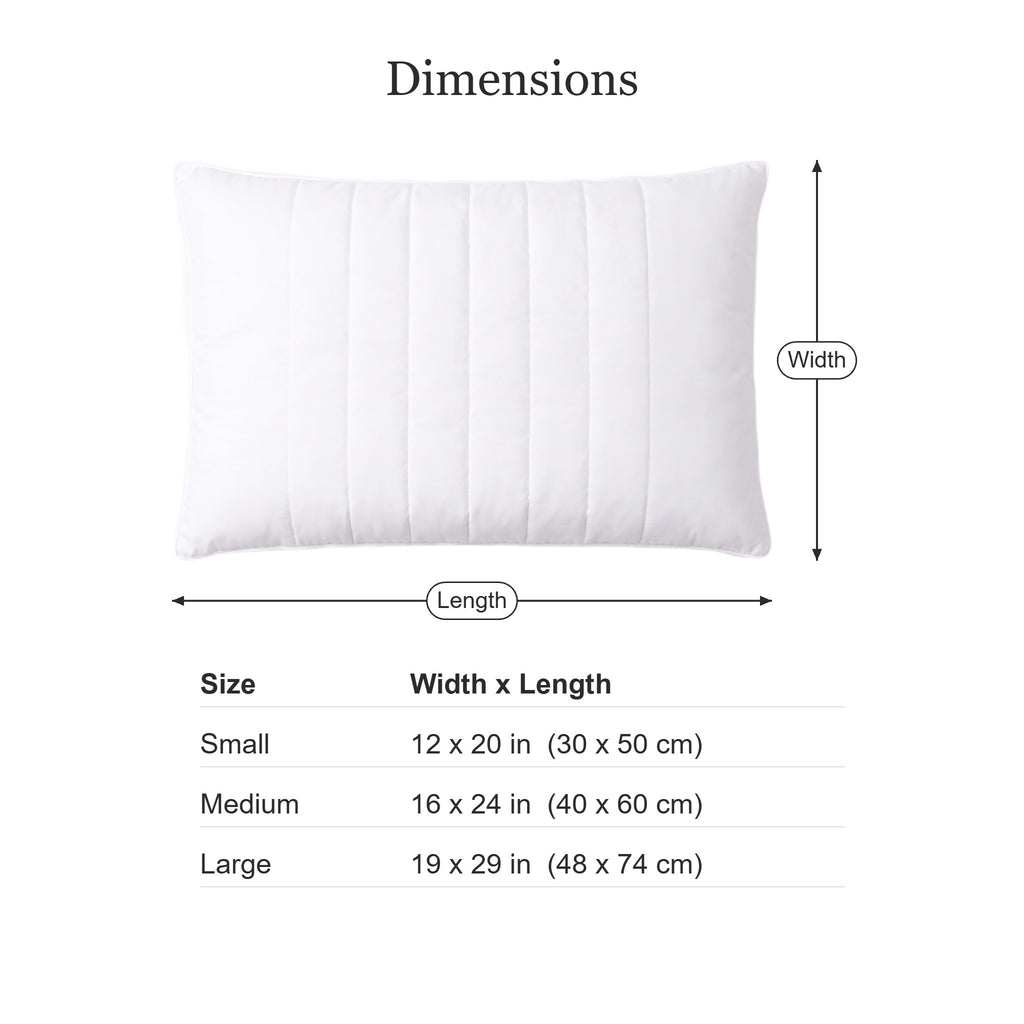 Gia thin pillow dimensions in small, medium and large