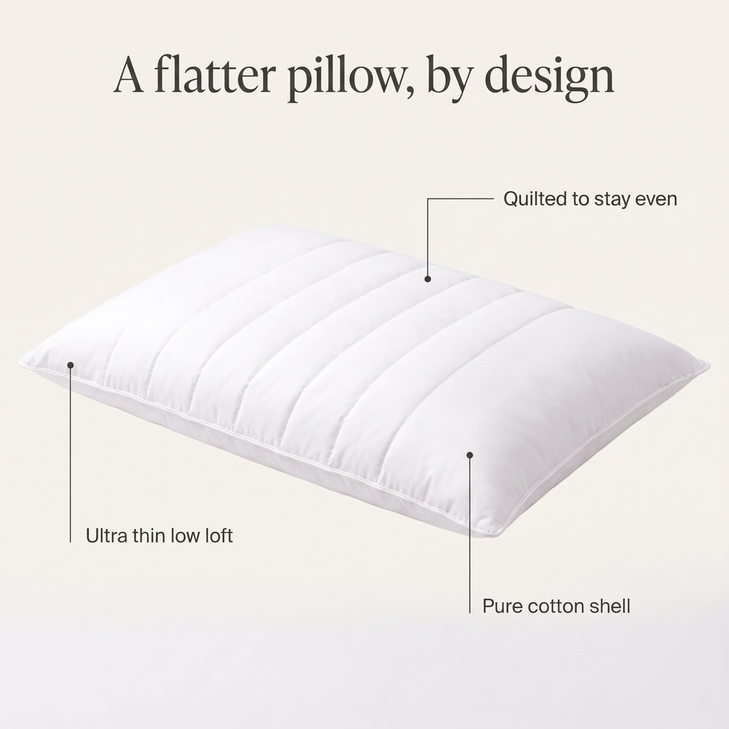 Gia thin pillow features: ultra thin low loft, quilted channels, pure cotton shell