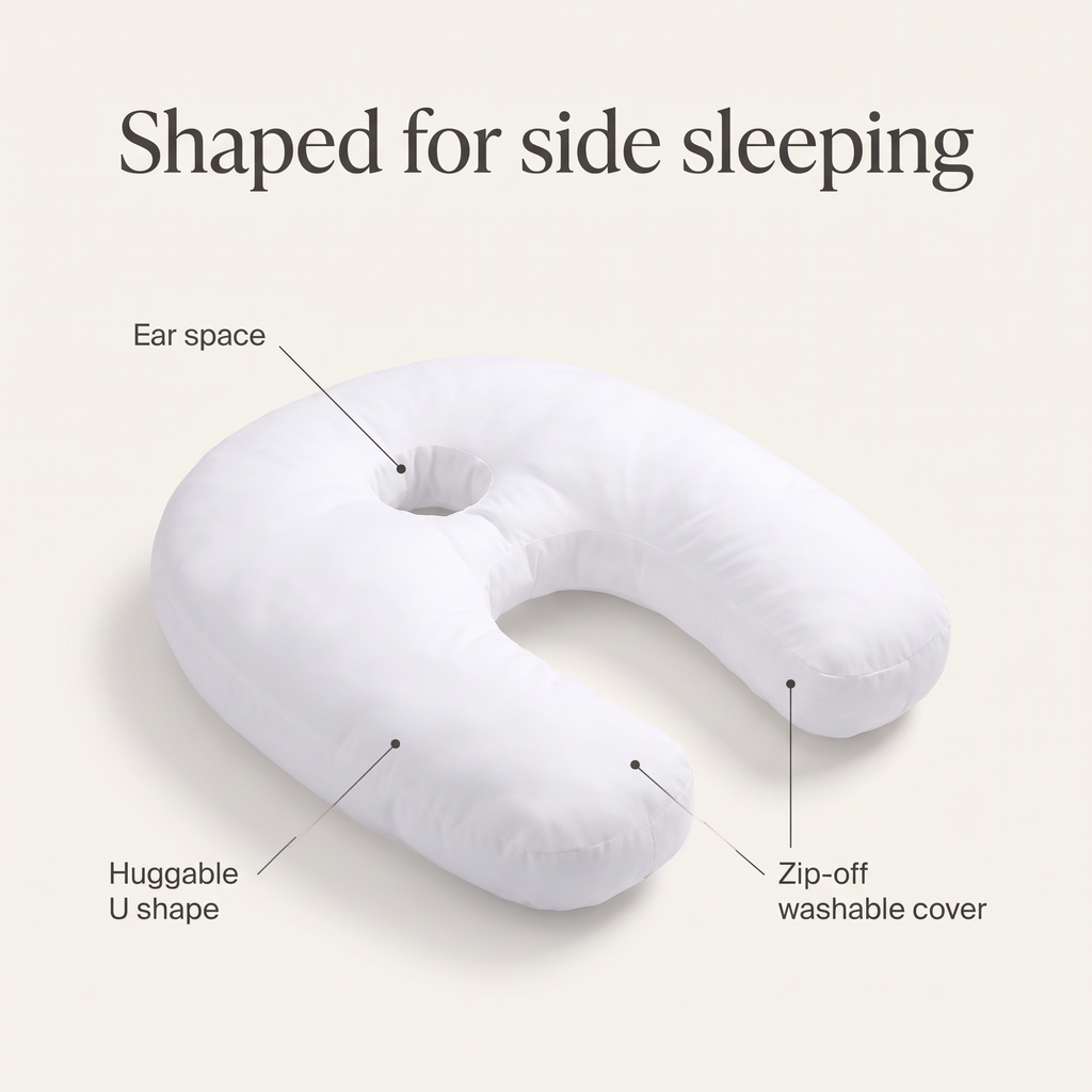 Noa features: ear space, huggable U shape, zip-off washable cover