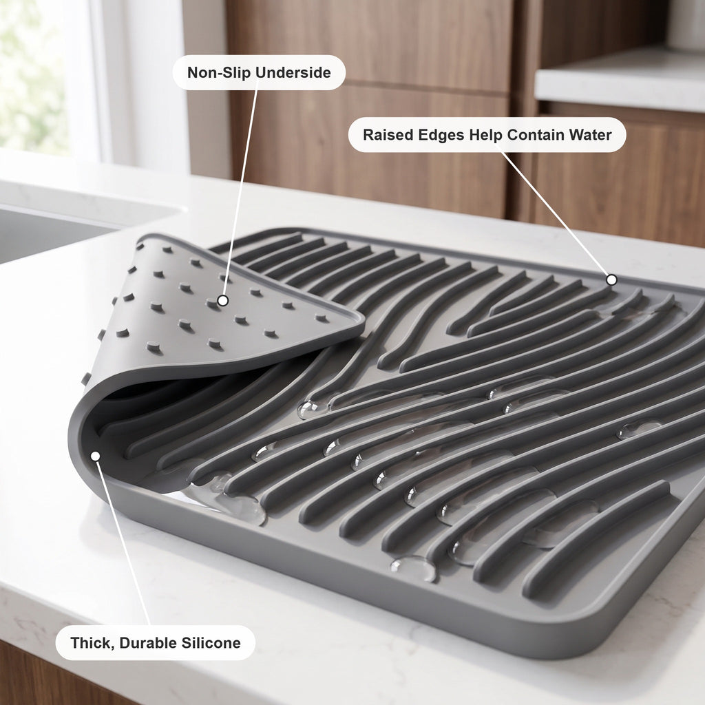 Rill drying mat raised edges, non-slip dotted underside and thick silicone