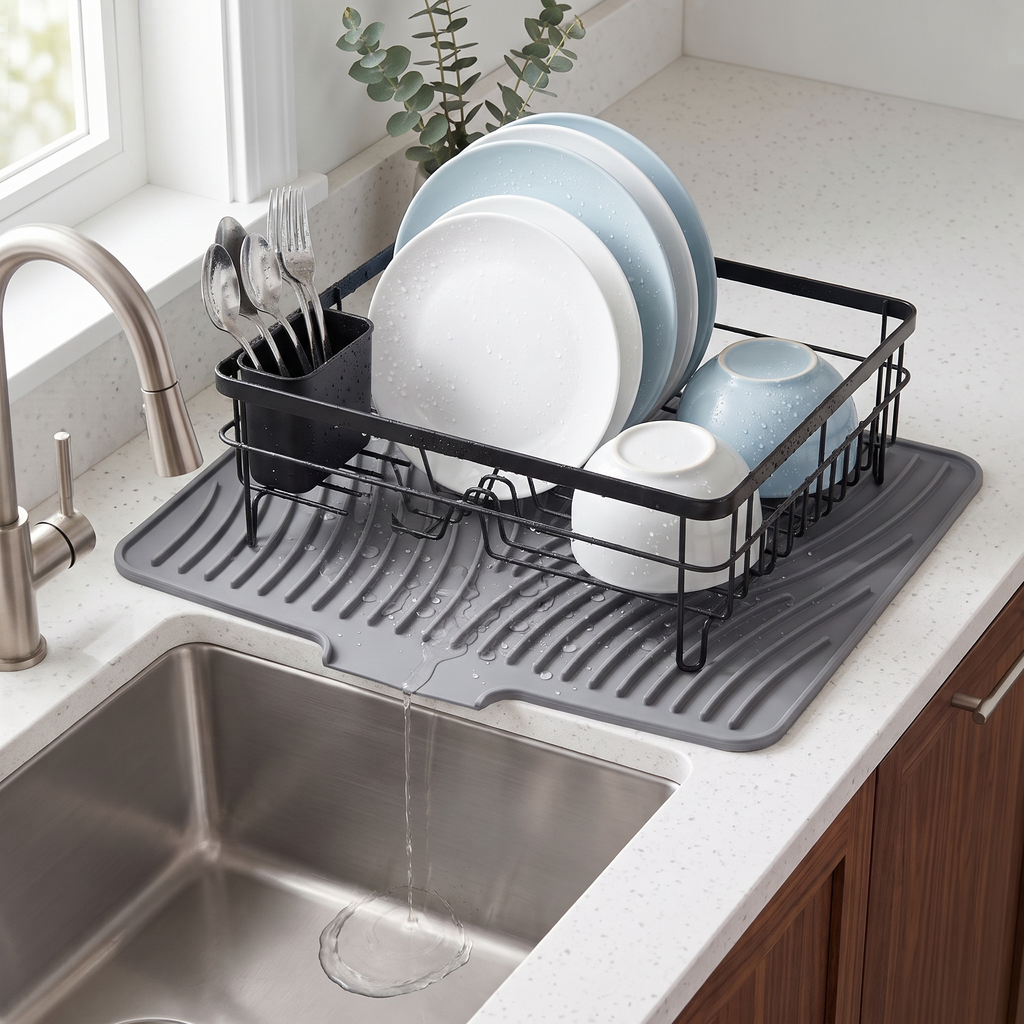 Rill used as a dish drying rack mat under a wire rack
