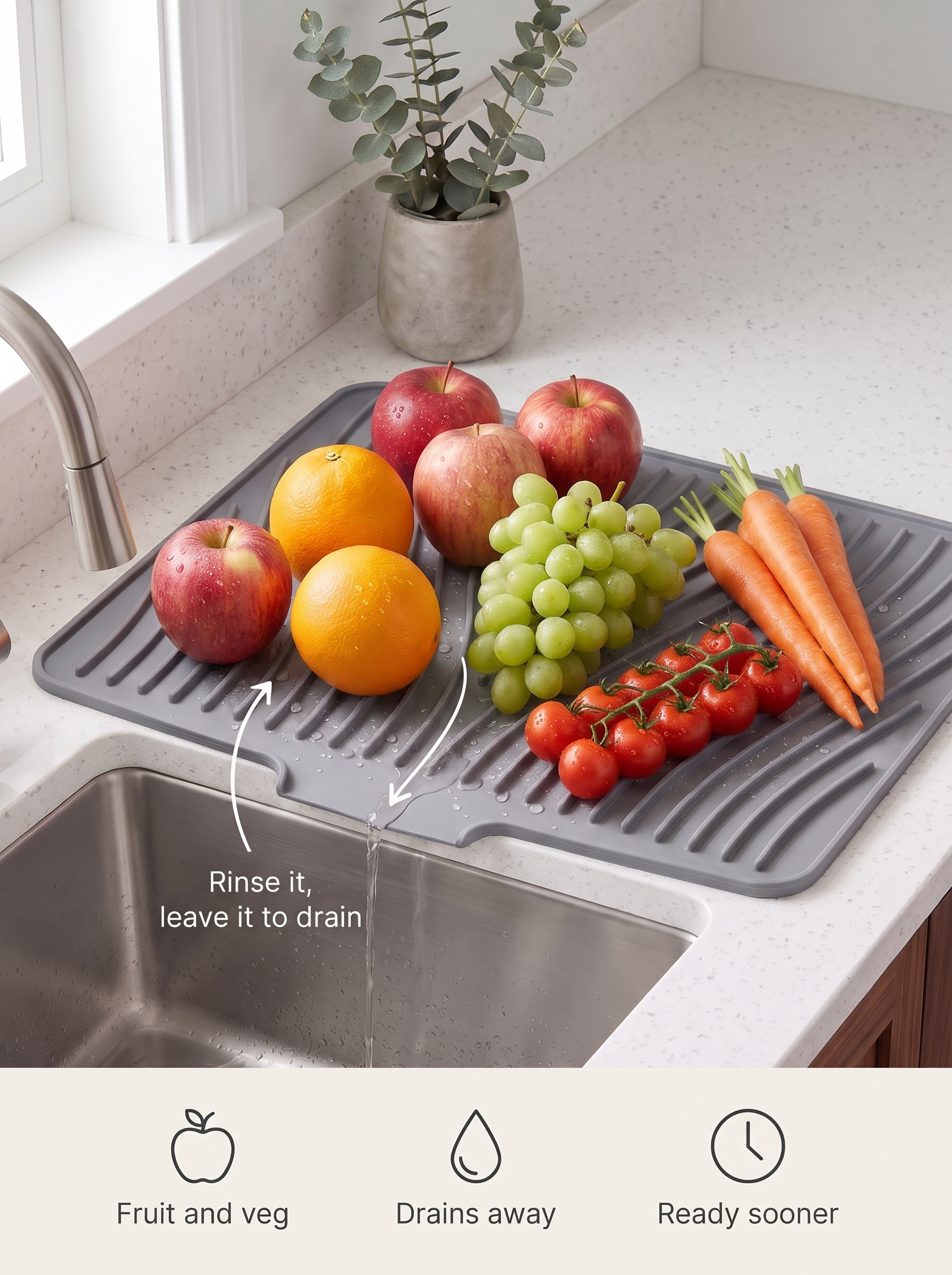 Rinsed fruit and vegetables draining on the Rill mat