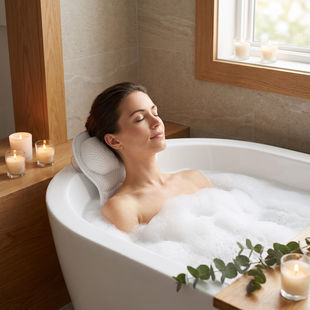 Woman relaxing in a bubble bath on the Spa bath pillow