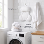Spa bath pillow hanging to dry and machine washable in the wash bag