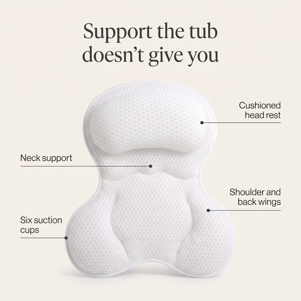 Spa bath pillow features: head rest, neck support, shoulder wings, six suction cups