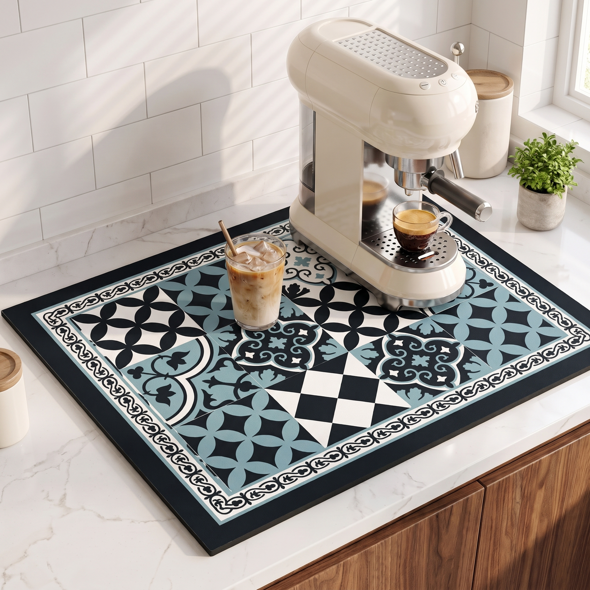 Tessa coffee bar mat in blue tile