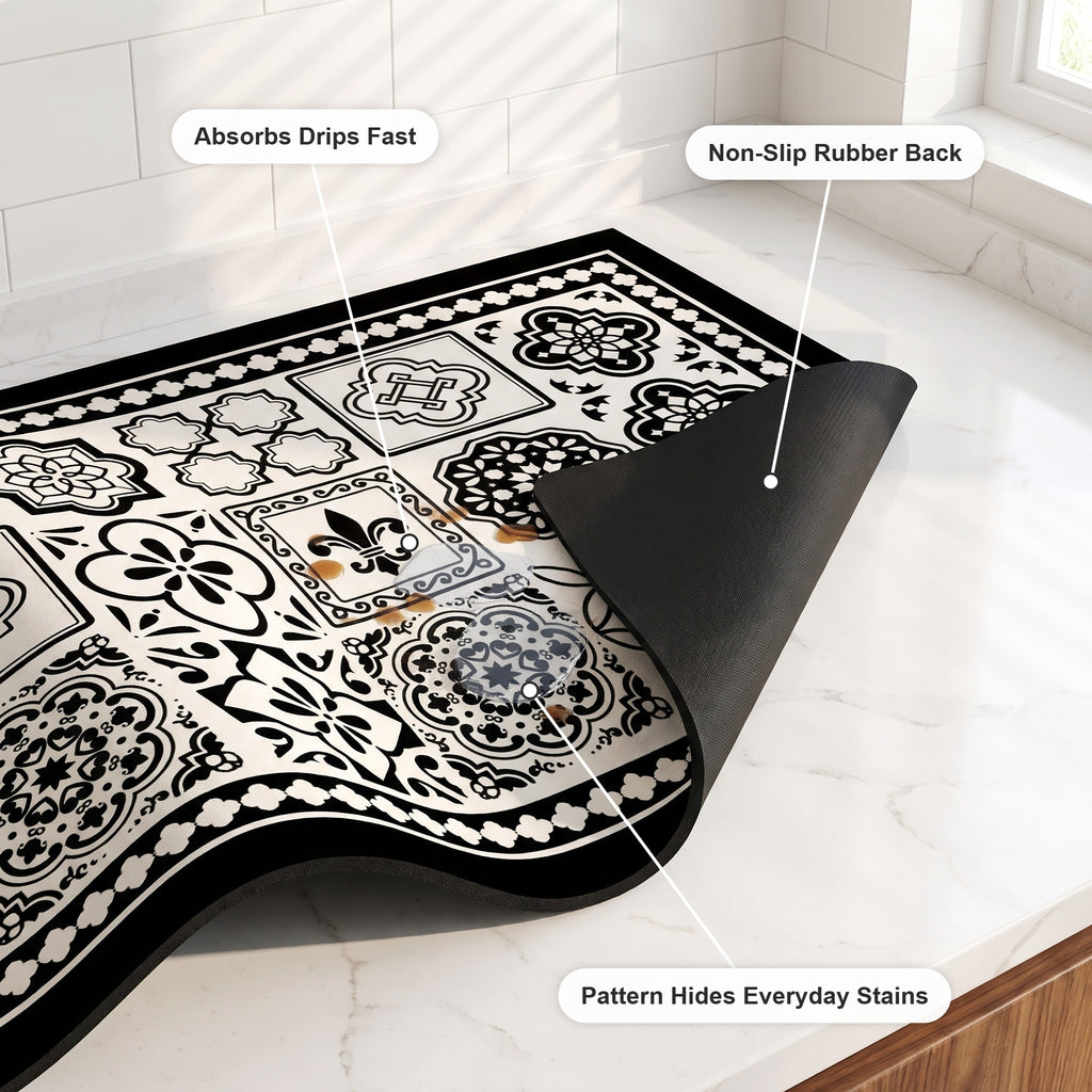 Tessa coffee mat absorbent top, stain hiding pattern and non-slip rubber back