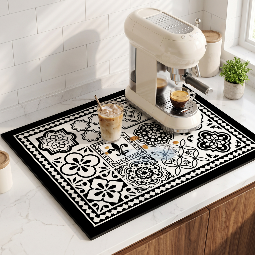 Tessa black and white tile coffee bar mat under an espresso machine
