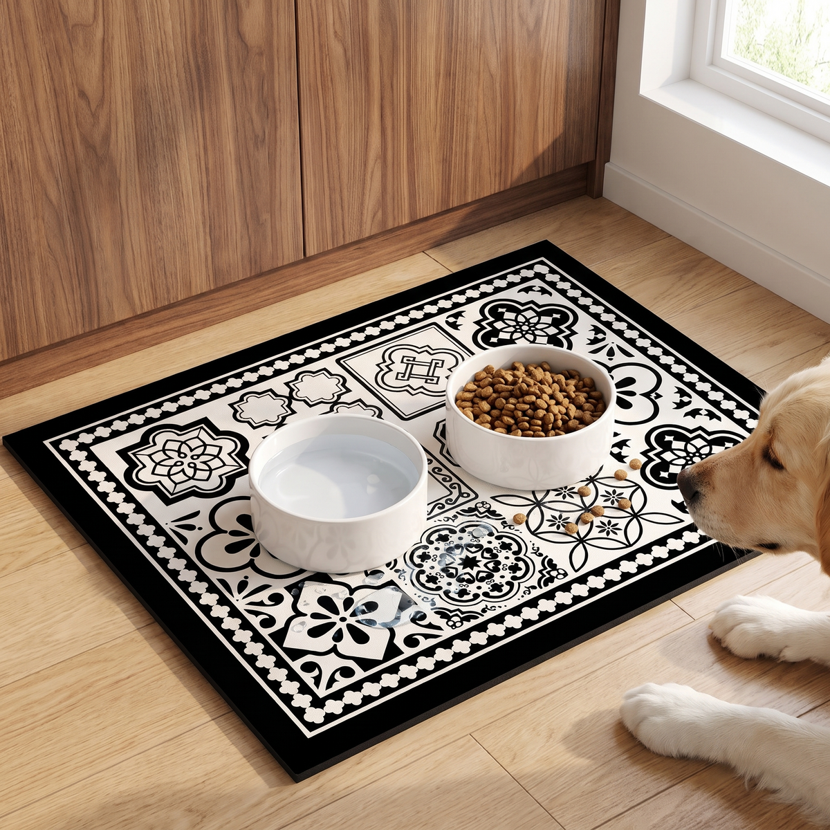 Tessa mat under dog food and water bowls