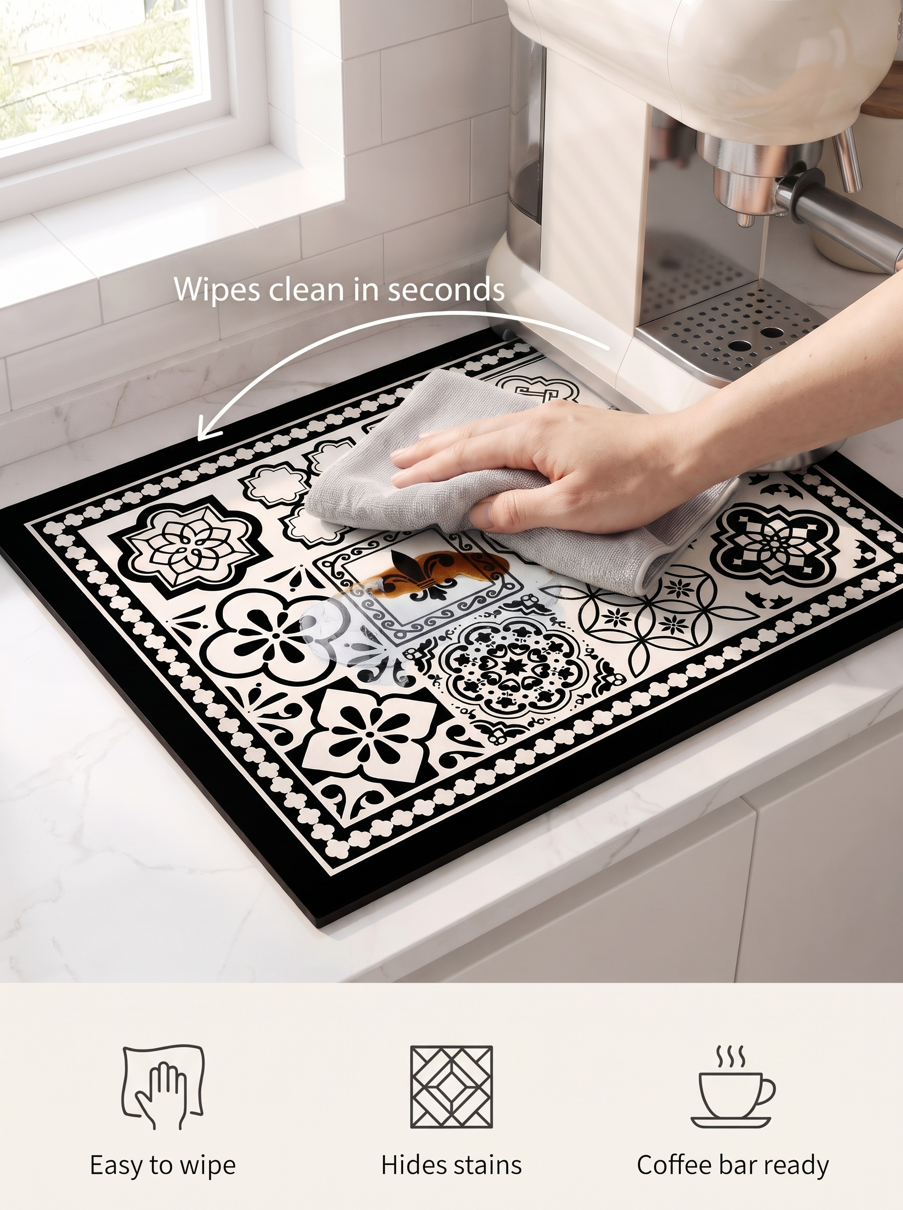 Tessa coffee mat wipes clean in seconds