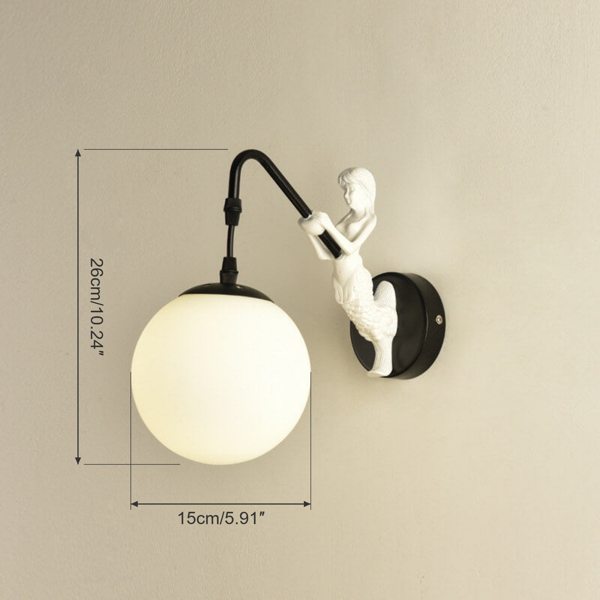 Mermaid wall sconce dimensions: 15 cm (5.91 in) globe, 26 cm (10.24 in) high