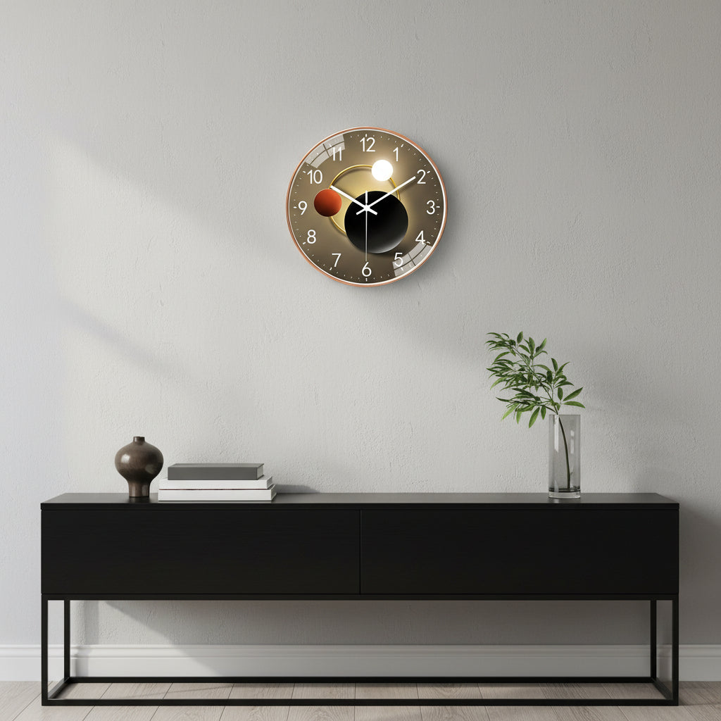 Eclipse | Modern Wall Clock, Silent Non Ticking Glass Clock, Decorative Moon and Sun Wall Decor