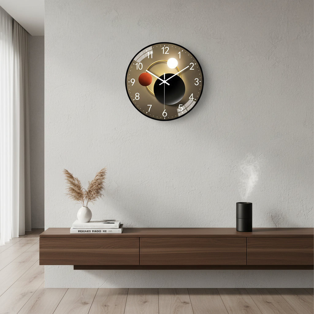 Eclipse | Modern Wall Clock, Silent Non Ticking Glass Clock, Decorative Moon and Sun Wall Decor