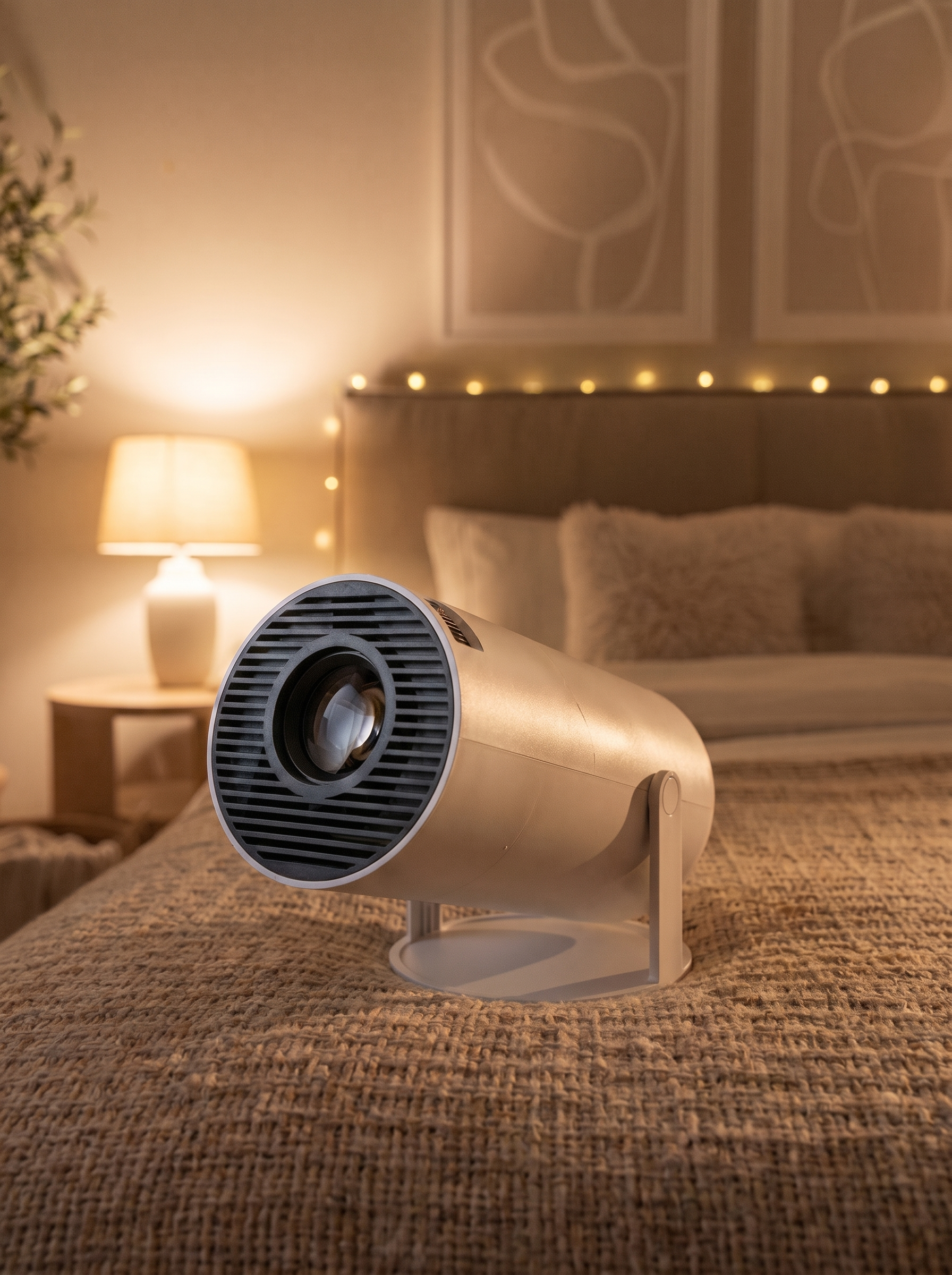 Nook Mini Portable Projector on a linen bed in a warmly lit bedroom