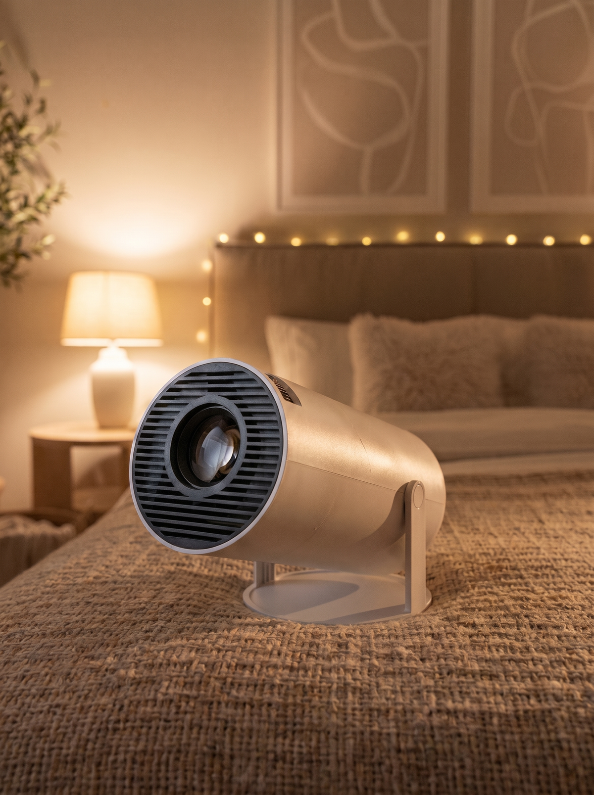 Nook Mini Portable Projector on a linen bed in a warmly lit bedroom