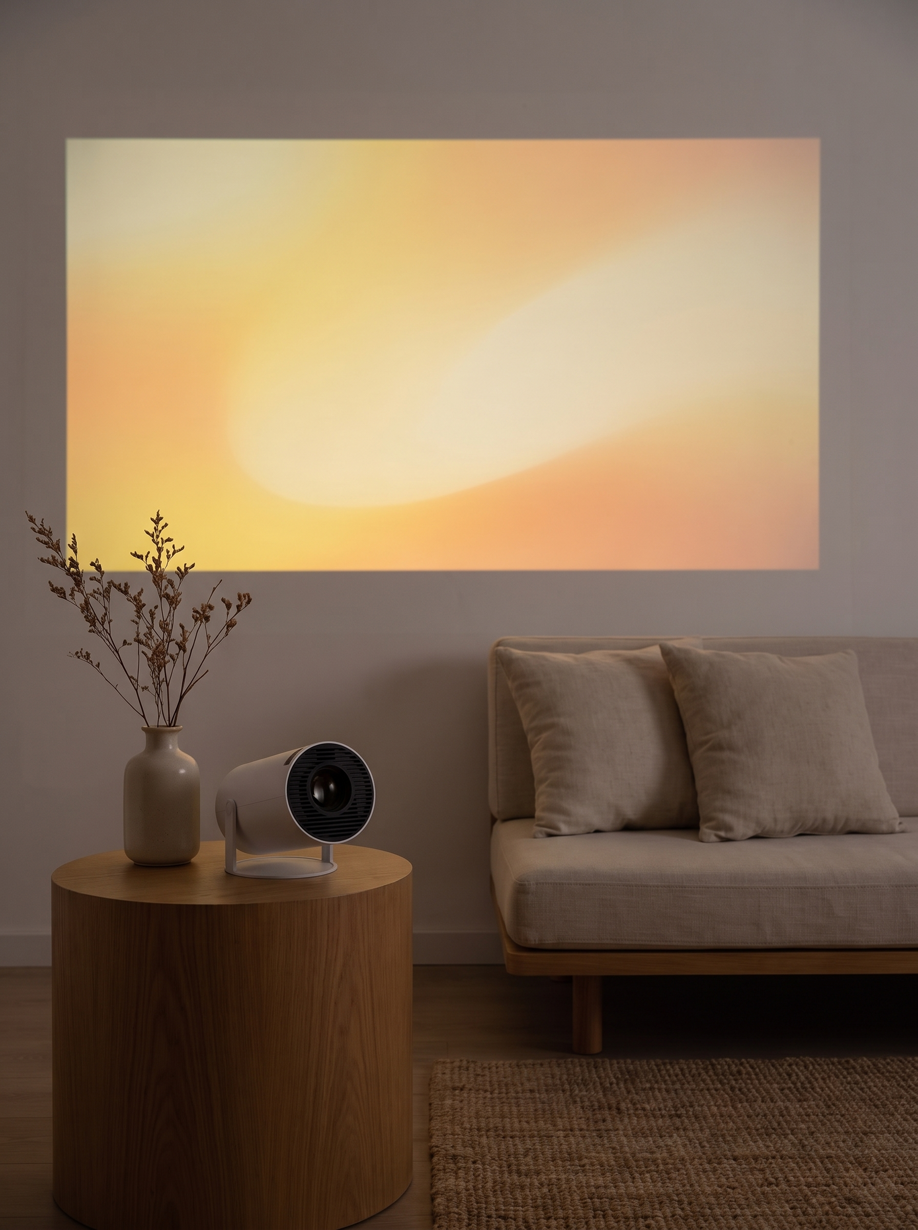 Nook Mini Portable Projector casting a soft image on a living room wall