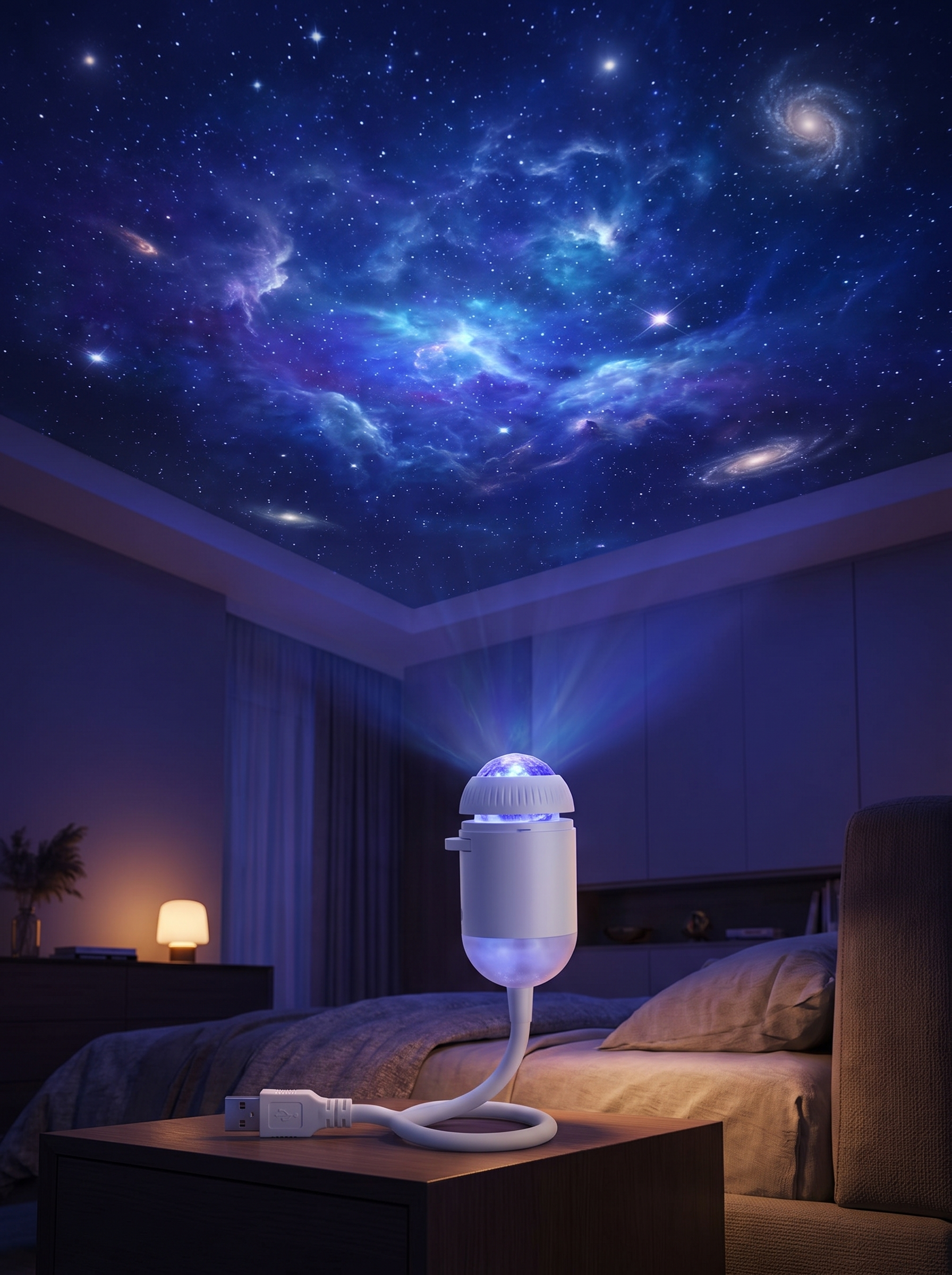 Galaxy projected across a bedroom ceiling by the Orbit Star Projector Night Light