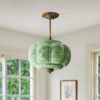 Juniper | Pumpkin Glass Pendant Light, Antique Brass Semi Flush Ceiling Light, Ribbed Colored Glass
