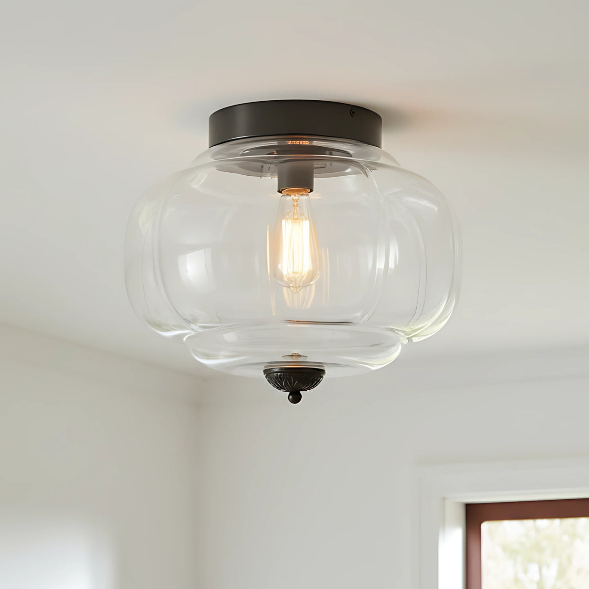 Clementine | Milk Glass Semi Flush Mount Ceiling Light, Vintage Pumpkin Glass Light Fixture, Brass