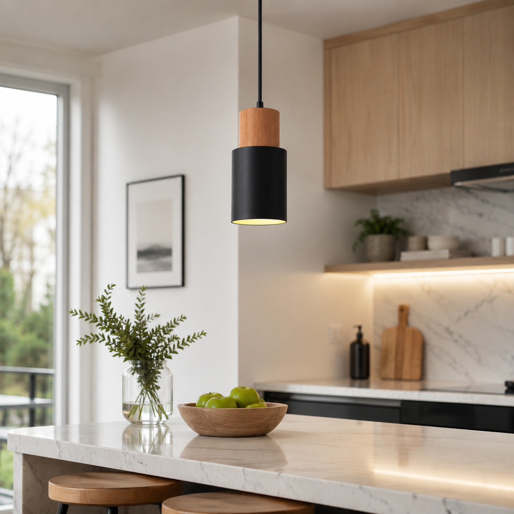 Tavero | Wood Pendant Light, Modern Black and Wood Hanging Lamp for Kitchen Island and Dining Room