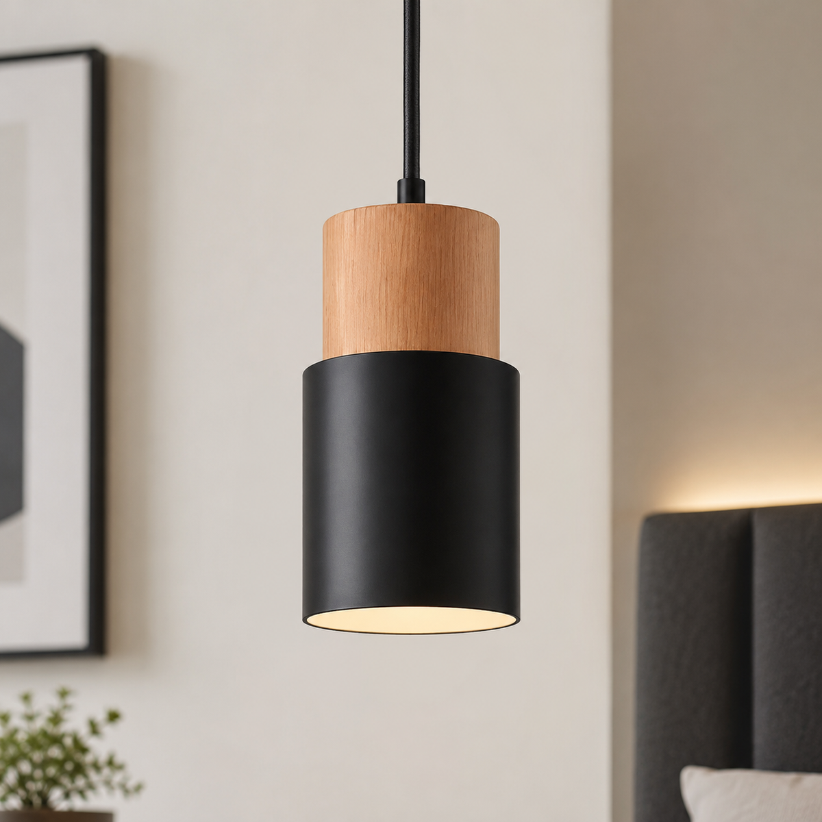 Tavero | Wood Pendant Light, Modern Black and Wood Hanging Lamp for Kitchen Island and Dining Room