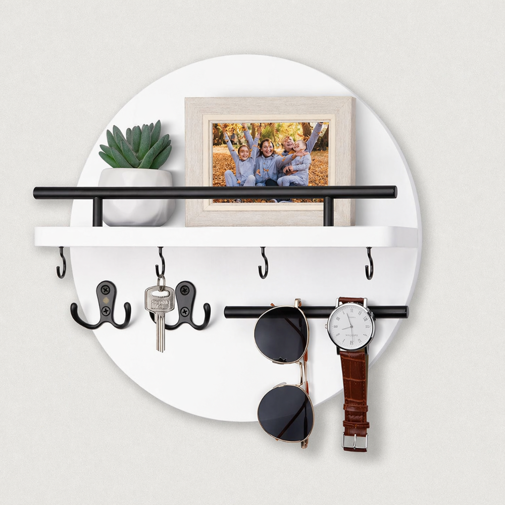 Hoop | Round Key Holder for Wall with Shelf, Wooden Entryway Organizer with Hooks, Modern Key Rack